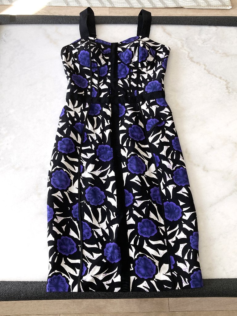 Rebecca Minkoff Clarissa 100% Silk Dress, Bustier Purple, Black, Cream, Floral